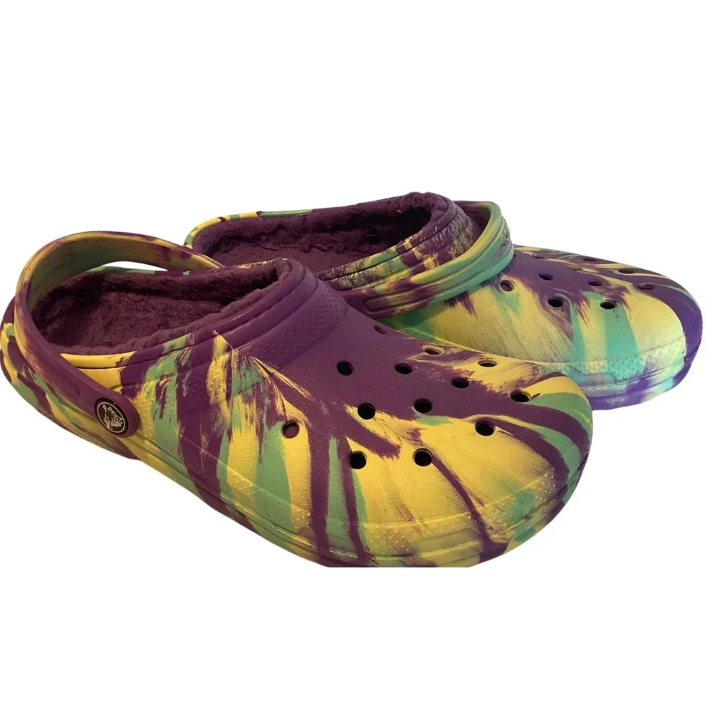 Crocs Classic Lined Clog Marble Tie Dye Purple Yellow Green Fleece Juniors J6